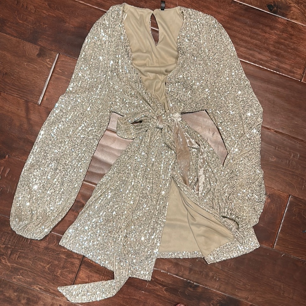 Champagne sequin party dress. Very flattering!